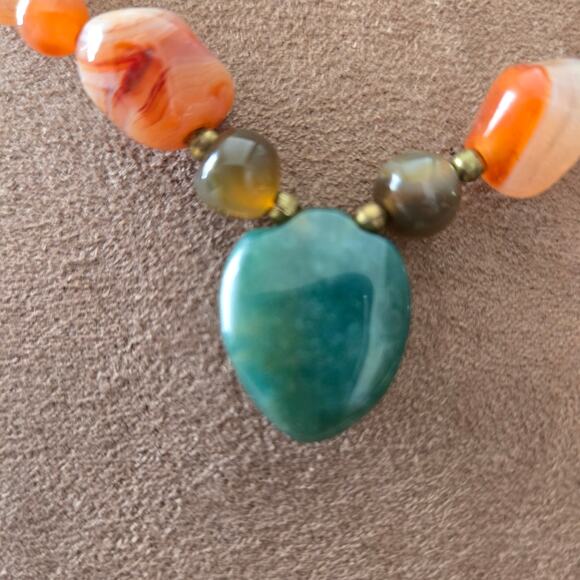 Vintage Natural Agate Beggars Beads Polished Stone Necklace Brass Spacers - Picture 3 of 8